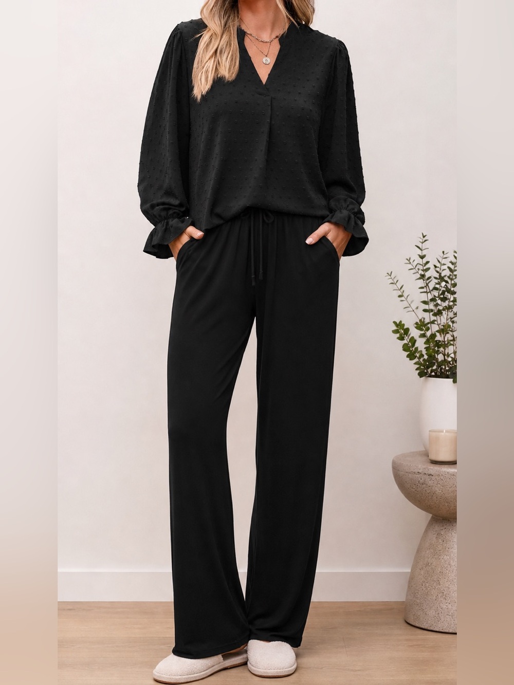 Everyday Black Wide-Leg Drawstring Pants & Blouse/Top Set